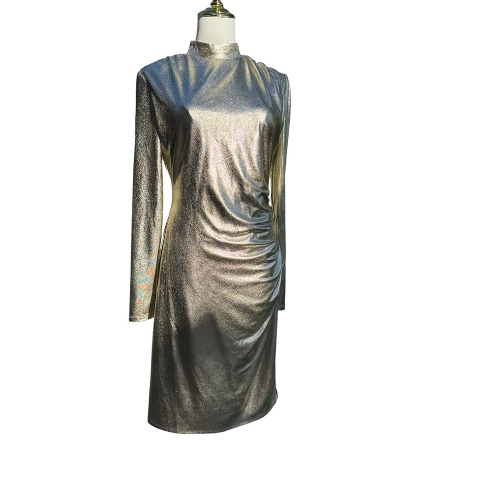 London Times Glamorous Gold Metallic Long Sleeve Dress
